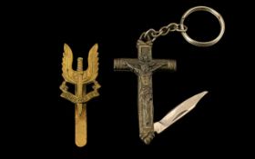 Who Dares Wins Military Badge with unusual pocket knife crucifix.