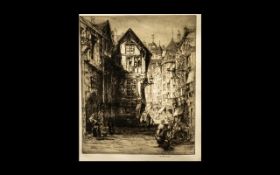 W. Rerrison Etching Street Scene with Figures, France Pencil Signed to the Margins. Published by W.