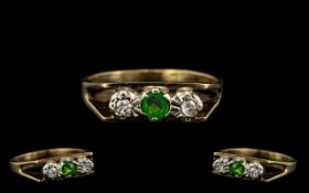 9ct Gold Attractive 3 Stone Diamond and Emerald Set Dress Ring. Full Hallmark for 9.375.