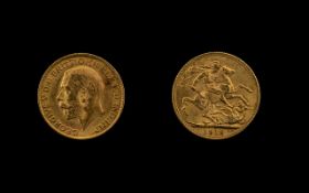 George V 22ct Gold Full Sovereign. Date 1913. London mint. Near uncirculated coin.