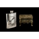 Pewter Teeside Hip Flask boxed, along with a silvered pewter trinket box. Please see images.