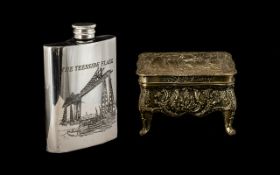 Pewter Teeside Hip Flask boxed, along with a silvered pewter trinket box. Please see images.