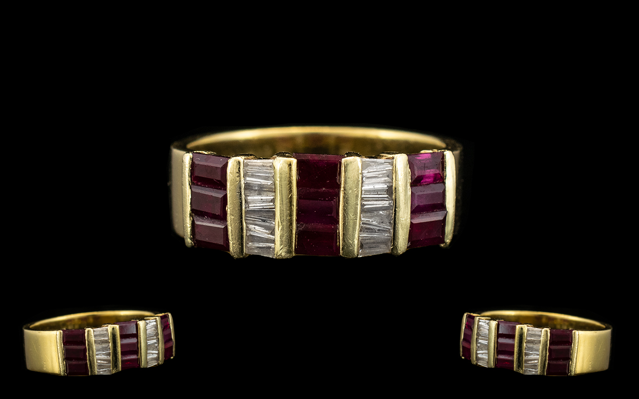 Contemporary Designed 18ct Gold - Attractive Ruby and Diamond Set Dress Ring, Marked 18ct.