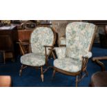 Pair of Ercol Elm Golden Dawn Windsor Upholstered Arm Chairs with open arms. Please see images.