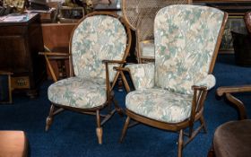 Pair of Ercol Elm Golden Dawn Windsor Upholstered Arm Chairs with open arms. Please see images.