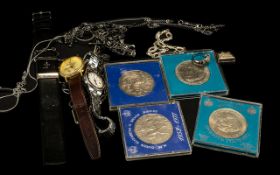 A Small Collection of Costume Jewellery to include Commemorative coins, watches, dress ring,