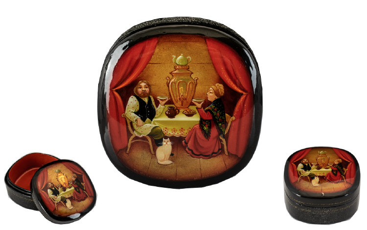 Tea For Two Authentic Hand Painted Russian Lacquered Box Fine detail to dress.