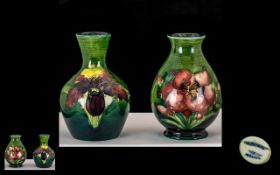 Moorcroft Pair of Small Vases ( 2 ) ' Orchids ' Design and Freesia Design on Emerald Green Ground,