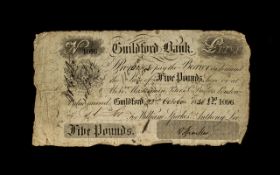 British Banknote, Provincial, SURREY, Guildford, Guildford Bank, Five Pounds,