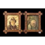 Pair of Oil Portraits on Canvas - depicting a Tyrolean man smoking. Signed F. Waldey and an old