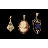 A Small Collection of 9ct Gold Pendants - comprising 1. Cameo set pendant fully hallmark. 2.