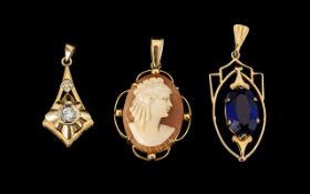 A Small Collection of 9ct Gold Pendants - comprising 1. Cameo set pendant fully hallmark. 2.