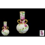 Mintons Rose Decorated Twin Handled Vase Globular Form With Long Neck, Gilt Moulded Handles,
