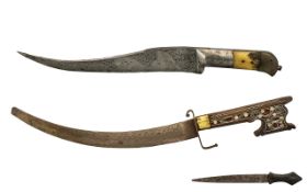 Three Middle Eastern Daggers, one with inlaid wooden handle with shaped engraved blade.