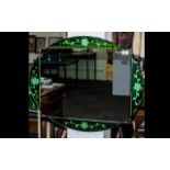 Large Art Deco Mirror of Unusual Shape, with green engraved side panels with bevelled glass edges.