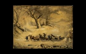 19thC Watercolour on Paper depicting wagoneers hauling a large tree pulled by 4 horses in a winter