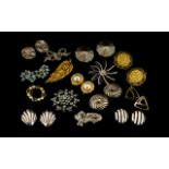 Vintage Costume Jewellery. Good collection of brooches and clip on earrings to include some silver.