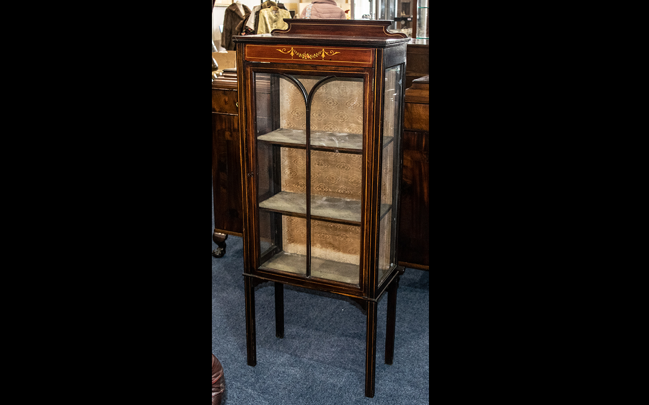 Edwardian Single Door Cabinet with astral glazed front with a painted top panel below a shaped