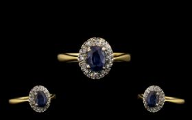 Ladies 18ct Gold Attractive Sapphire and Diamond Set Cluster Ring. Flower head Setting.