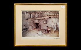 Russell Flint Watercolour Print title 'A Scrap of Newspaper'. Framed and mounted behind glass.