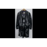 Gentleman's Long Black Leather Trench Coat with buckle belt, single breasted with collar and