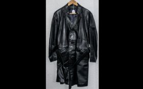 Gentleman's Long Black Leather Trench Coat with buckle belt, single breasted with collar and