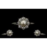 White Gold Diamond And Pearl Cluster Ring Central 5mm Pearl Surrounded By Eight Round Cut Diamonds,