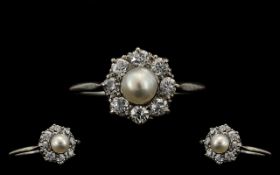 White Gold Diamond And Pearl Cluster Ring Central 5mm Pearl Surrounded By Eight Round Cut Diamonds,