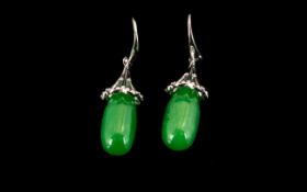 Green Jade Pendant Earrings, 15cts; elongated pear drops of green jade, each of 7.