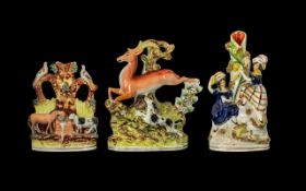 Staffordshire 19th Century Figural Spill Vases ( 3 ) Features a Stag and Dog Spill Vase. 11.