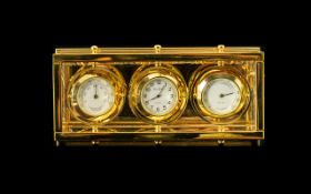 Modern Desk Clock Set Brass And Glazed Frame Containing Three Dials For Temperature, Time And