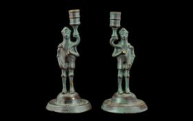 Pair of Brass Lacquered Candlesticks in the form of Medieval Knights. 8" tall, signs of wear.