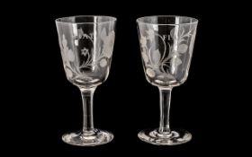 Victorian Period Fine Quality Pair of Large Clear Glass Drinking Glasses with etched images of