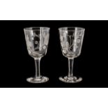 Victorian Period Fine Quality Pair of Large Clear Glass Drinking Glasses with etched images of