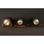 Three Napoleon Hat Shaped Oak 1930s Mantle Clocks, all in working condition. Please see image.