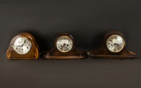 Three Napoleon Hat Shaped Oak 1930s Mantle Clocks, all in working condition. Please see image.