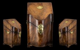 Georgian Period Shaped Mahogany Lift Up Lid Cutlery Box, bombe fronted, on shaped bracket feet.