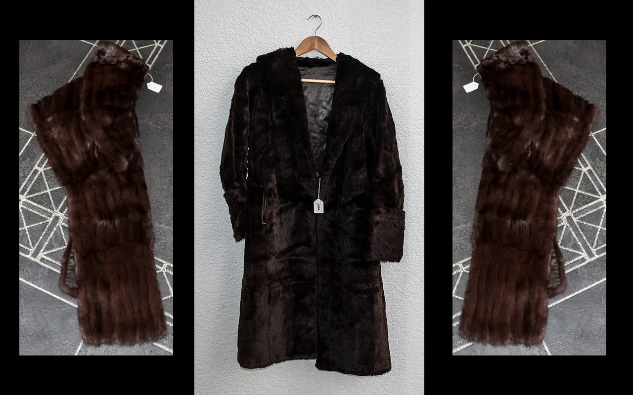 Ladies Dark Brown Full Length Fur Coat. Hook and eye fastening, shawl collar, fully lined in brown