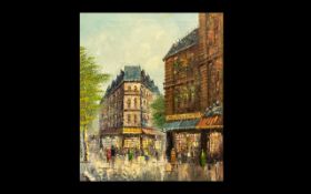 Large Oil Painting by T Carson depicting a busy street scene in Paris. Oil on canvas. Signed