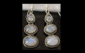 Rainbow Moonstone Triple Drop Earrings, 15cts, each earring having a pear cut cabochon to the top,