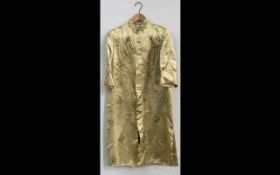 Chinese Yellow Silk Embroidered Ladies Day Coat with mandarin collar. Peony brand.