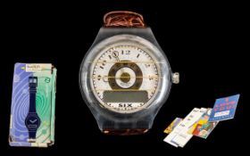 Swatch the Beep Retro Wrist Watch with Leather Strap - comes with original boxes, certification