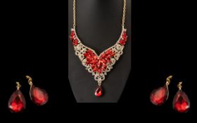 Scarlet and White Crystal Necklace and Earrings Set, a glamorous set, the front panel of the