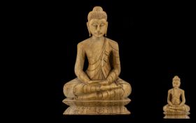 Oriental Carved Wood Figure of a Seated Buddah Figure - wearing a toga. 14'' high, 9'' wide.