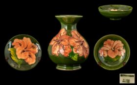 Moorcroft Tubelined Small Collection of Items all 'Coral Hibiscus' Pattern on green ground.