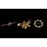 Three Gold Brooches To Include A 9ct Gold Laurel Wreath Brooch Set With 8 Seed Pearls,