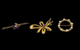 Three Gold Brooches To Include A 9ct Gold Laurel Wreath Brooch Set With 8 Seed Pearls,