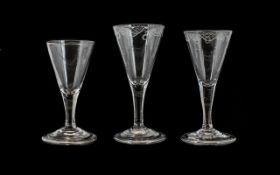 Three Victorian Wine Glasses, hand blown with decorative edging. In good condition.