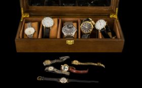 Collection of Ladies & Gentlemen's Watches comprising a wooden storage box with a glass top and