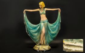 Art Deco Plaster Figurine of Large Size Dancing Girl of the Period, Painted Decoration with Slight